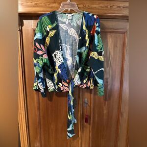 Christian Siriano Cropped Kimono Top Tie Front Tropical Jungle Print LinenBlend
